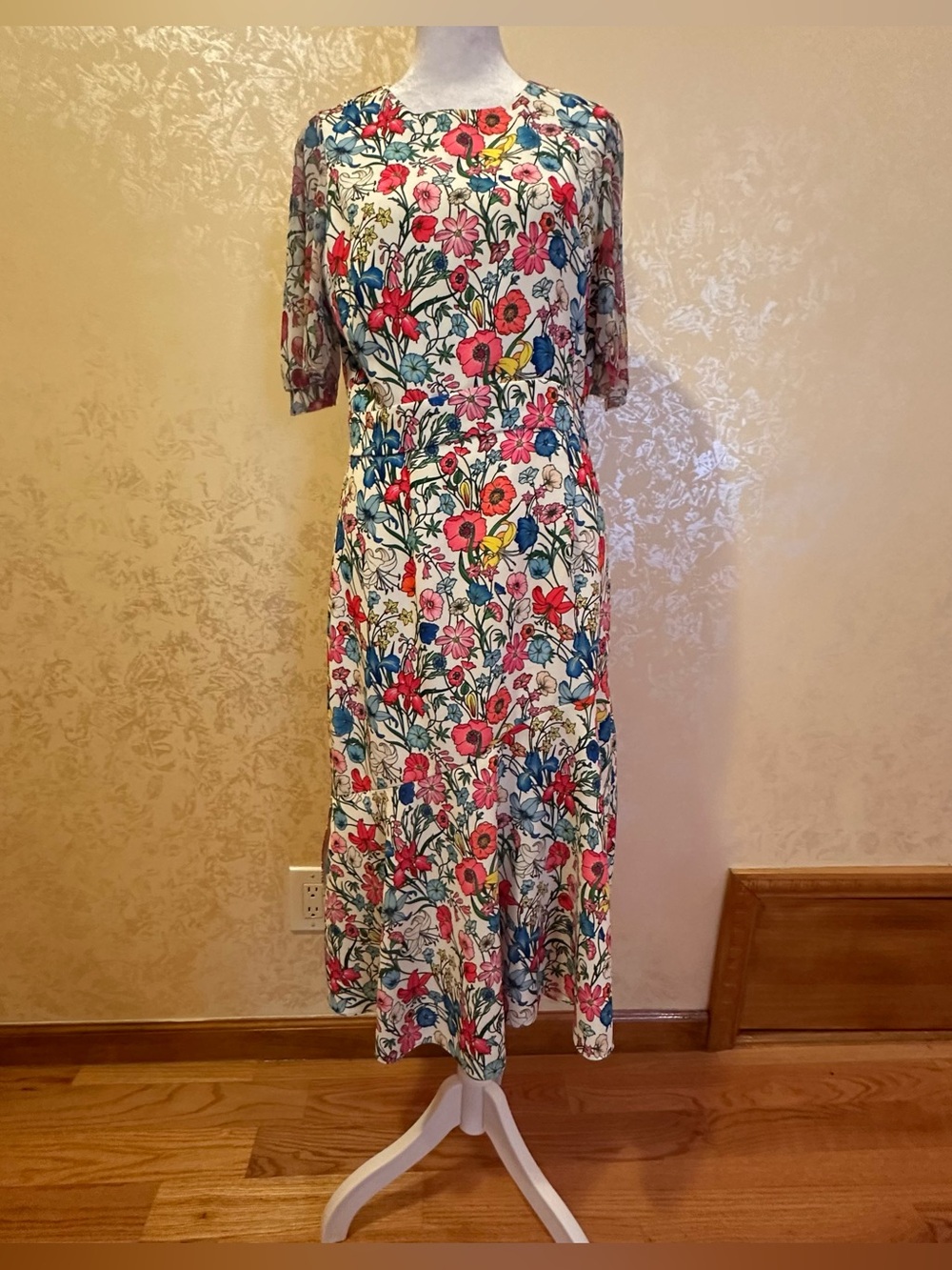 Elie Tahari Ivory Midi Dress with Pink & Blue Floral Print